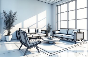 Modern living room design concept illustration. Wireframe style shows furniture layout. Spacious room with large windows letting natural light in. Relaxing seating area features sofa, armchair.