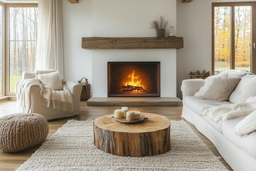 Fototapeta premium modern scandinavian living room showcasing a wood slab coffee table and a beige sofa adorned with plush pillows centered around a cozy fireplace against a bright white wall for a minimalist design