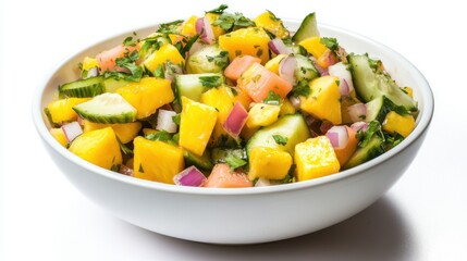 A refreshing bowl of mixed fruit ceviche with diced mango, pineapple, cucumber