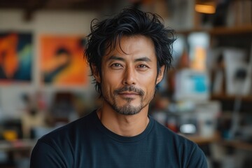 Obraz premium modern studio portrait of creative professional mangainspired lighting traditional and digital art tools visible in background contemporary japanese aesthetic