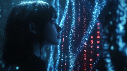 A high-tech genome visualization on a holographic screen, showing the alignment of genetic data across chromosomes. 320