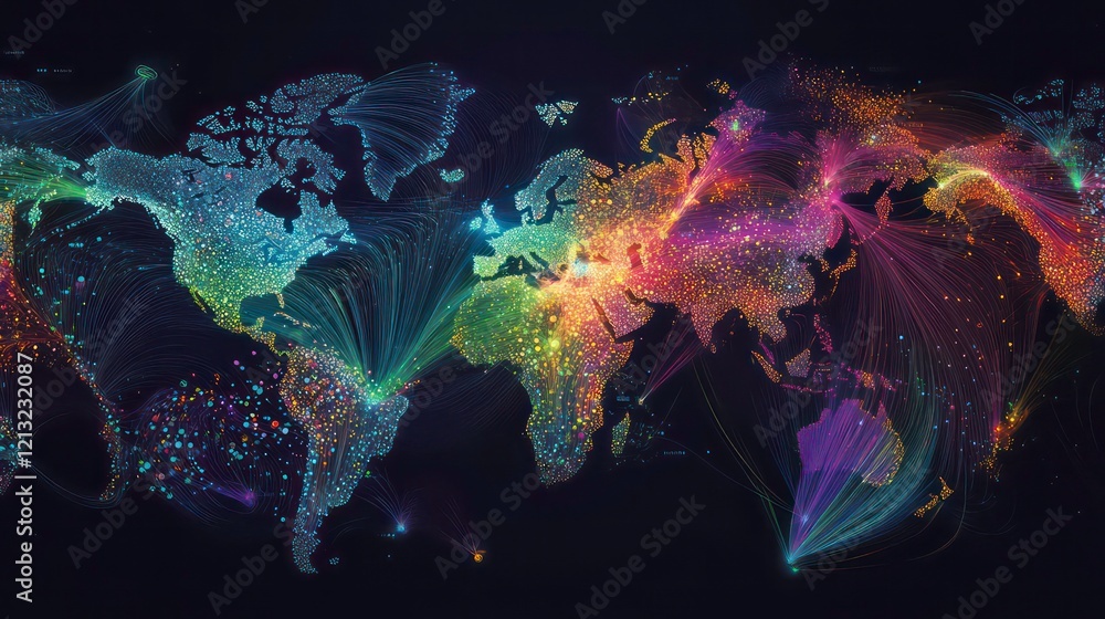 Poster Abstract colorful world map with glowing lines illustrating global connections and network.