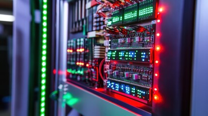 Electronic components and circuit boards with integrated circuits, microchips, and leds are illuminating a server room, creating a futuristic technological atmosphere