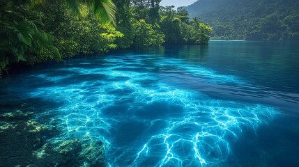 A bioluminescent lagoon with bright blue light emanating from the water, surrounded by lush tropical vegetation. 432