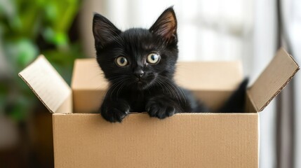 Adorable black kitten peering from a cardboard box, indoor setting.