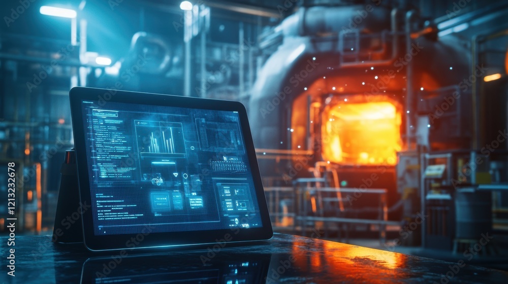 Poster tablet displaying industrial automation software monitors and controls the production process in a m