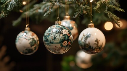 Festive floral ornaments hang on evergreen tree branch, bokeh background; holiday decor