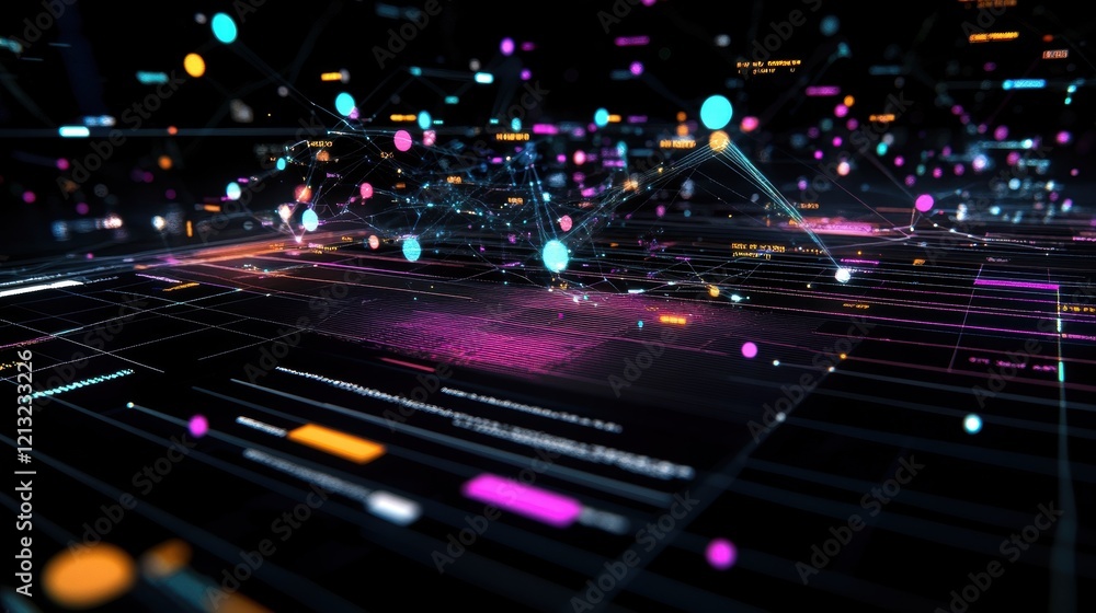 Poster complex network of interconnected nodes visualizing big data processing, representing global communi