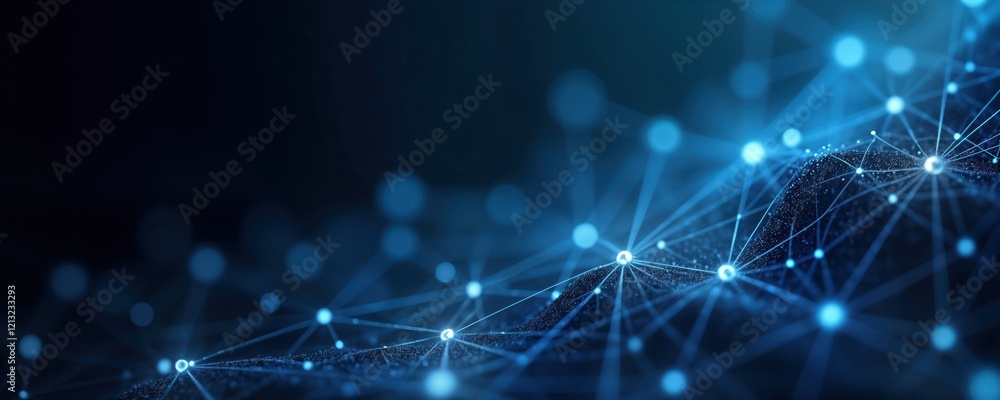 Aufkleber Abstract tech design with glowing connections. Network pattern over dark blue background. Futuristic, modern. Ideal for tech company branding digital product. Suggests connectivity, communication.