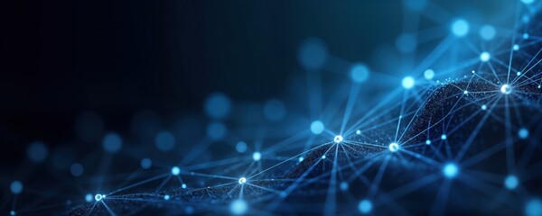 Abstract tech design with glowing connections. Network pattern over dark blue background. Futuristic, modern. Ideal for tech company branding digital product. Suggests connectivity, communication.