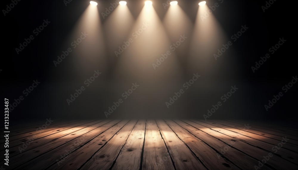 Poster dark stage with spotlights shining on aged wooden floor. empty space for performance event. ideal fo