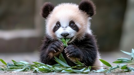 Obraz premium Cute baby panda eating bamboo leaves in enclosure