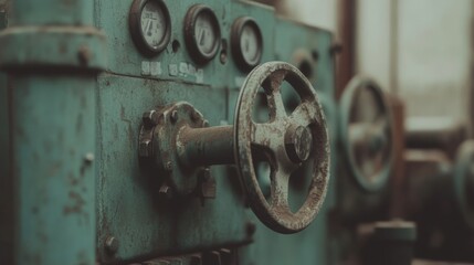 Close-up of rusty teal industrial machinery control panel with gauges and wheel.