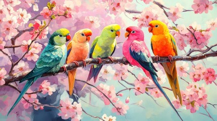 Vibrant Parrots in Blossom: A Springtime Masterpiece