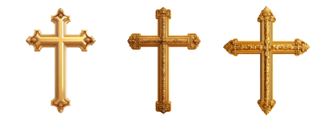 Set of golden cross isolated on transparent background 