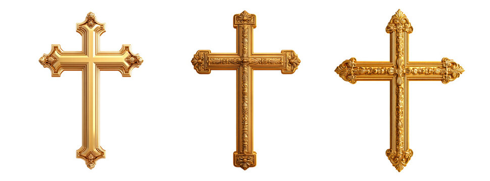 Set of golden cross isolated on transparent background 