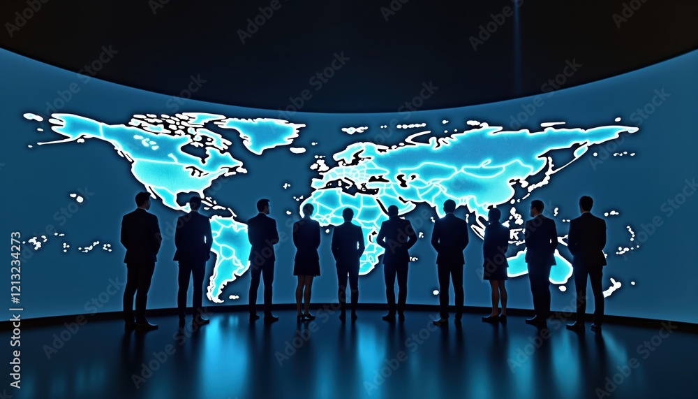Poster business professionals observe large interactive world map display in dark room. global business str