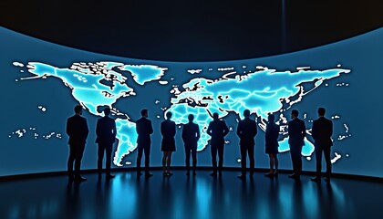 Business professionals observe large interactive world map display in dark room. Global business strategy, international collaboration highlighted. Team members analyze worldwide data, potential