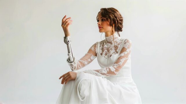 Girl in a white dress with a bionic arm prosthesis on a light background, blending futuristic technology with elegance