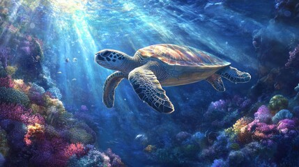 Fototapeta premium Oceanic Turtle Serenity: A Digital Underwater Masterpiece