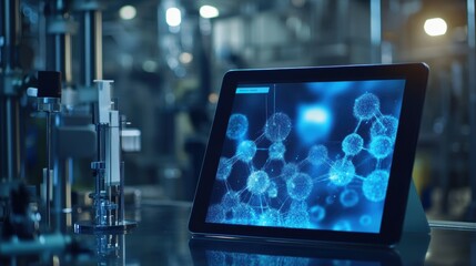 Fototapeta premium Modern pharmaceutical factory equipment producing innovative medicine, featuring a digital tablet displaying intricate molecule structures, highlights advancements in science and technology