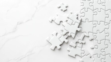 White jigsaw puzzle pieces on marble background; problem-solving concept; website banner