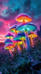 Fototapeta premium A surreal and visually stunning landscape featuring a field of glowing psychedelic mushrooms against a vibrant ethereal sky at sunset The scene evokes a dreamlike mind bending with its vivid colors