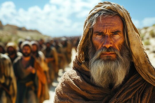 moses confidently leads a group of israelites through a vast desert dramatic skies overhead capturing the essence of faith and resilience during their biblical journey