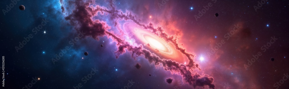 Poster cosmic view of vibrant nebulae, galaxies. colorful clouds of plasma swirl around luminous stars. pla