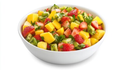 A refreshing bowl of mixed fruit salsa with diced strawberries, kiwi, mango