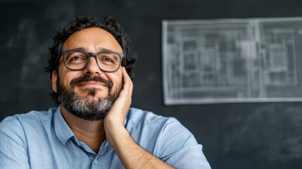 Creative professional contemplating ideas while seated against a dark backdrop with architectural blueprints