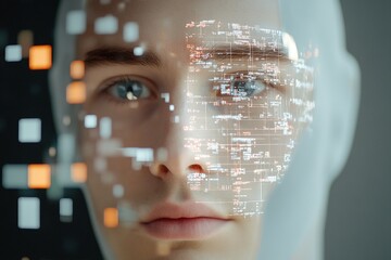 Digital face projection showcases advanced technology in artificial intelligence and data visualization