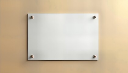 Blank white glass sign mockup mounted on beige wall with four metal fasteners. Versatile display template for various business needs. Ideal for promotion advertisement. Commercial sign template ready