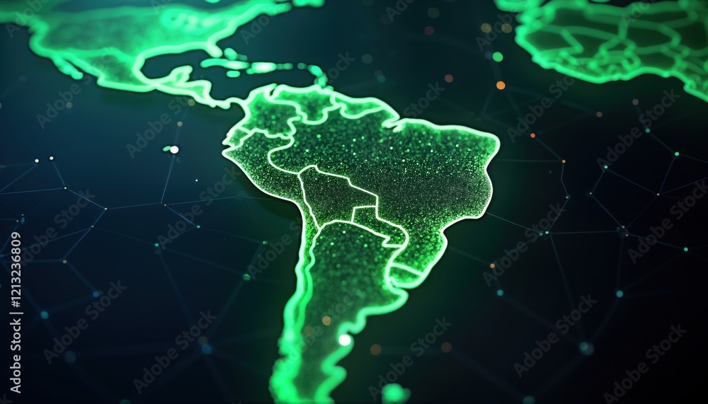 Poster abstract digital map of south america. futuristic tech design concept. green light outlines continen
