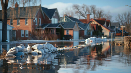 Floodwaters covering a neighborhood with sandbags around homes, illustrating the urgent need for resilience in the face of more frequent extreme weather due to climate change.