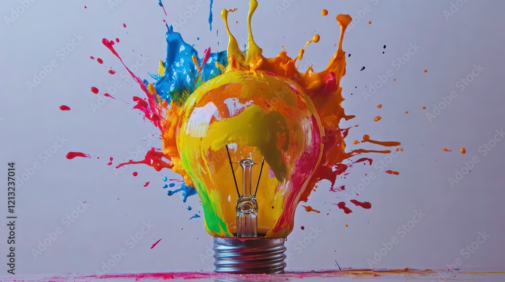 Poster colorful paint exploding from a lightbulb, symbolizing creativity and innovation.
