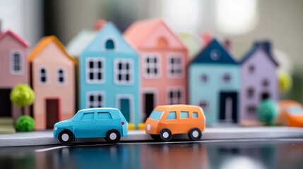 Colorful toy cars driving by miniature houses in a vibrant urban setting