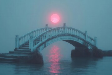 Naklejka premium mysterious bridge enveloped in thick fog suggesting an unknown journey with muted colors and an ethereal light illuminating the scene inviting contemplation and exploration