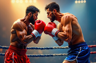 Two muscular boxers stand in boxing ring. Focused, ready for fight. Bodies tense with athletic strength, energy. Red, blue boxing shorts, gloves visible. Atmosphere suggests dramatic competition.