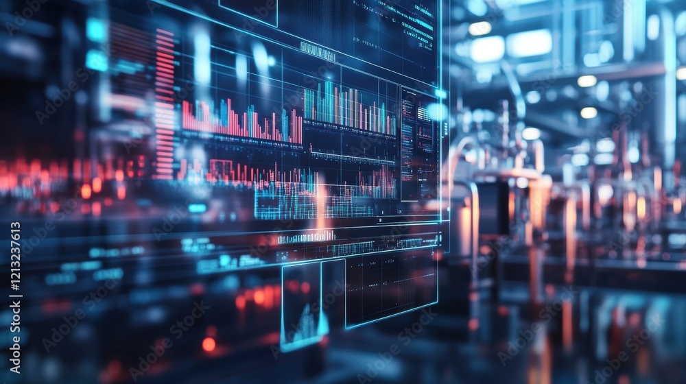 Poster futuristic transparent display reveals real time production data and key performance indicators, enh