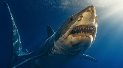Naklejka premium Great white shark swimming majestically in clear ocean waters under bright sunlight