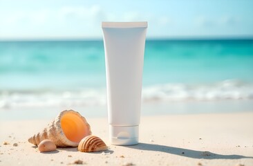 Obraz premium white mock up tube of spf sunscreen cream stands against the backdrop of a beach and azure sea, beautiful shells nearby.