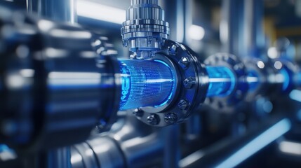 Fototapeta premium Futuristic industrial pipeline system is transferring energy with digital data flowing inside, showcasing advanced technology in an industrial setting