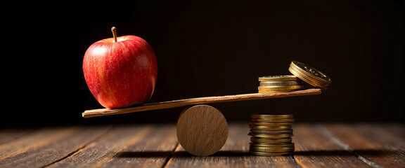 Red apple on a wooden balance with coins symbolizing economic value and food security threat