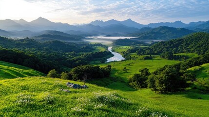 Fototapeta premium Misty mountain valley sunrise; river flows through green fields; idyllic landscape; travel postcard