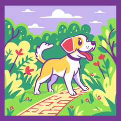 Naklejka premium cheerful dog walking on path in vibrant park filled with greenery