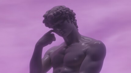 Fototapeta premium Statue of a young man pondering under a purple sky at dusk in an artistic setting