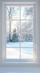 Vertical photo of a bright and white window with a beautiful winter landscape view