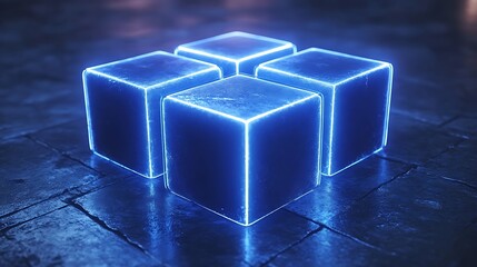 A glowing 3D grid of interlocking cubes and rectangles, shifting and rotating in space.