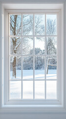 Vertical photo of a bright and white window with a beautiful winter landscape view